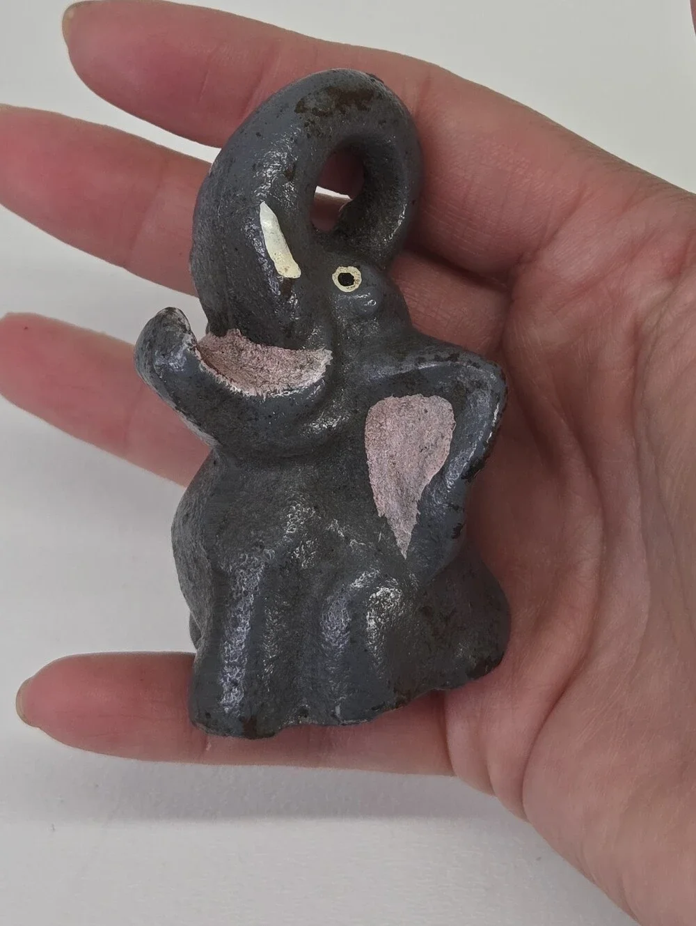 VTG Cast Iron Elephant Bottle Opener‎ Figural Paperweight Trunk Up Pink Mouth #1